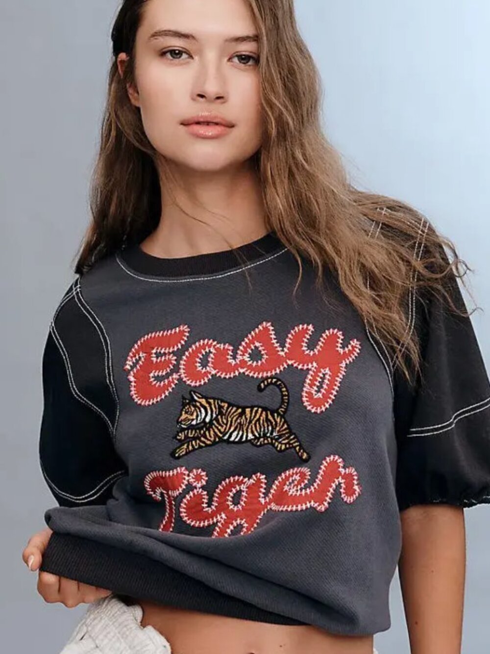 Pilcro Short-Sleeve Easy Tiger Graphic Sweatshirt Bubble Sleeve Phantom Gray S